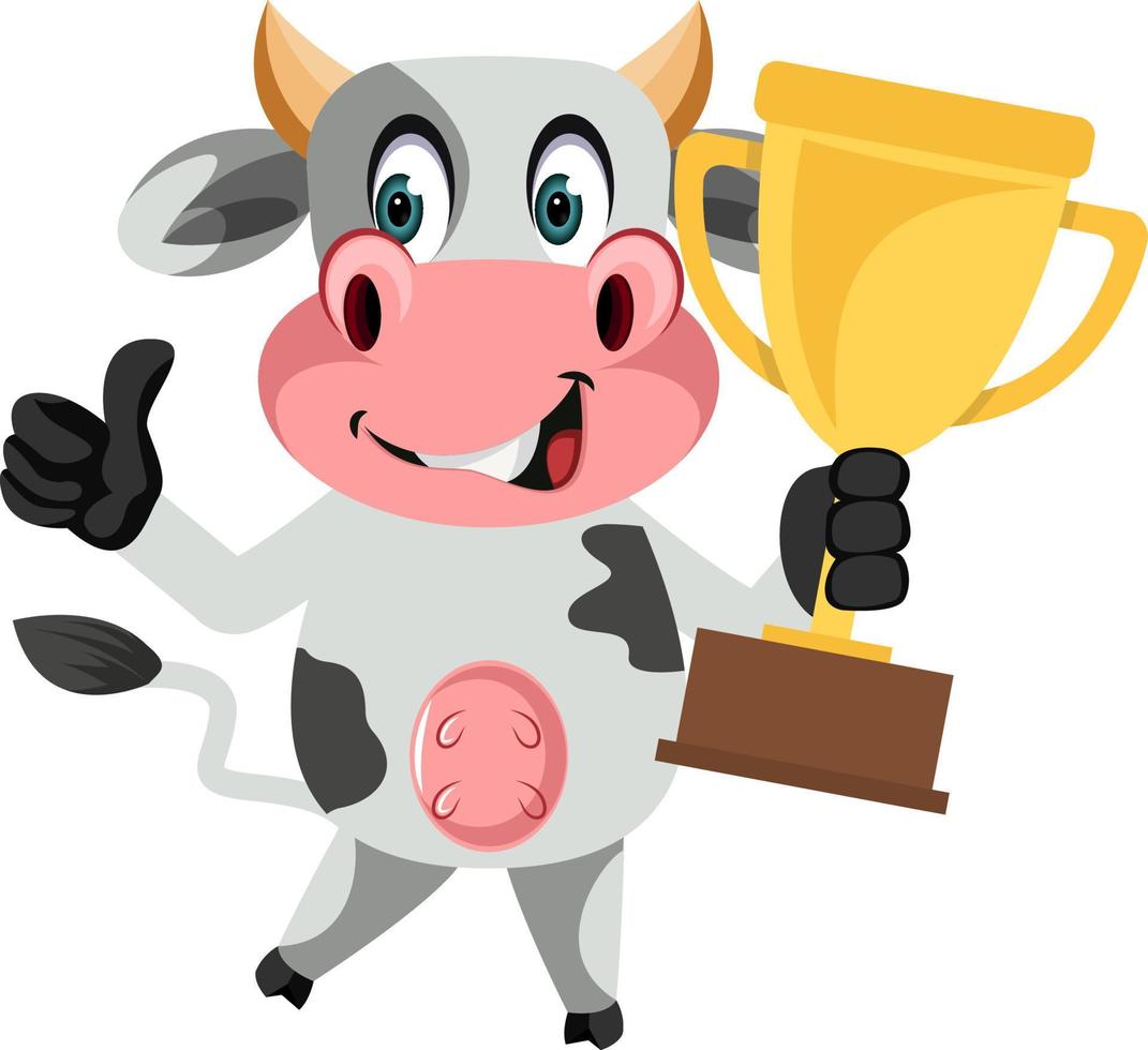 Cow with trophy, illustration, vector on white background.