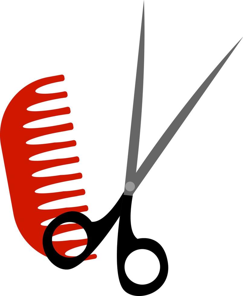Red comb and black scissors, illustration, vector on white background