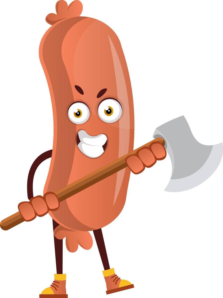 Sausage with axe, illustration, vector on white background.