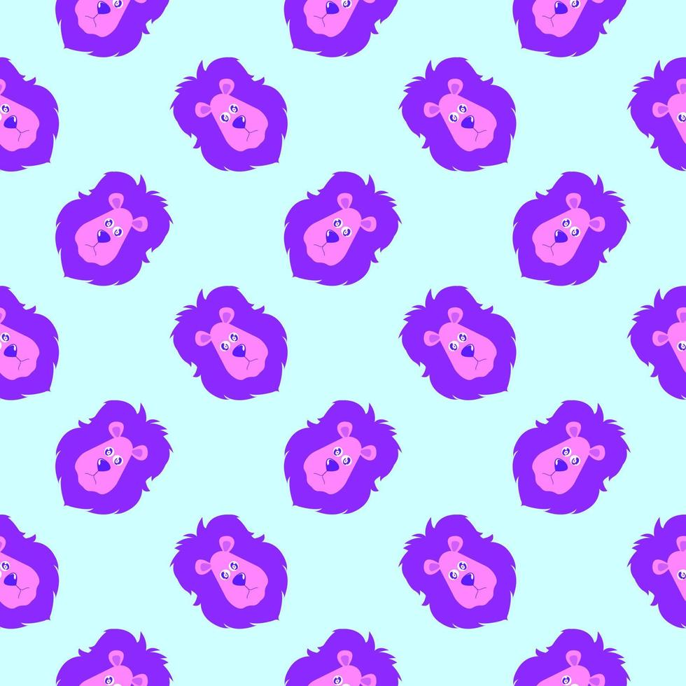 cabeza de león púrpura, patrón sin costuras sobre fondo azul claro. vector