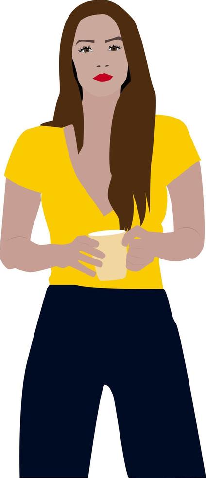 Chica con taza de té, ilustración, vector sobre fondo blanco.