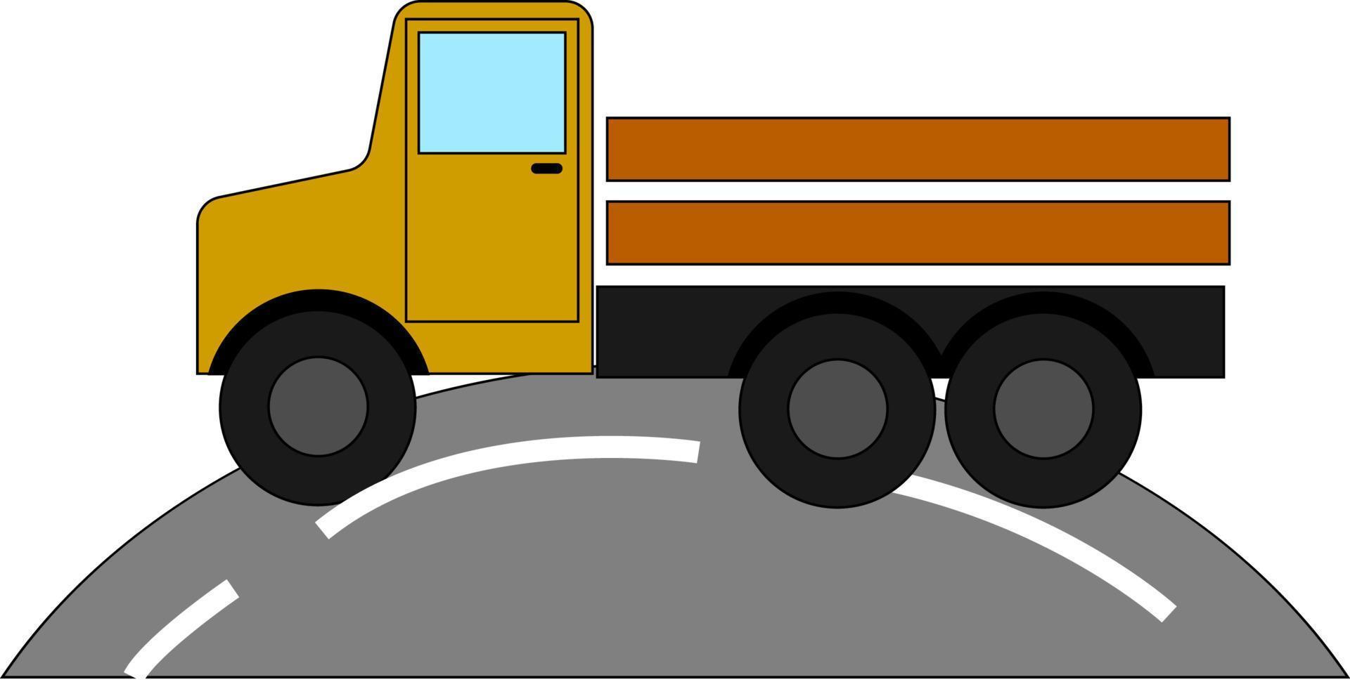 Yellow truck on the road, illustration, vector on white background.