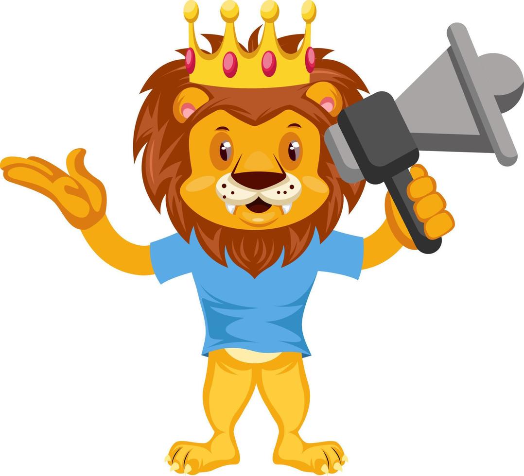 Lion with megaphone, illustration, vector on white background.