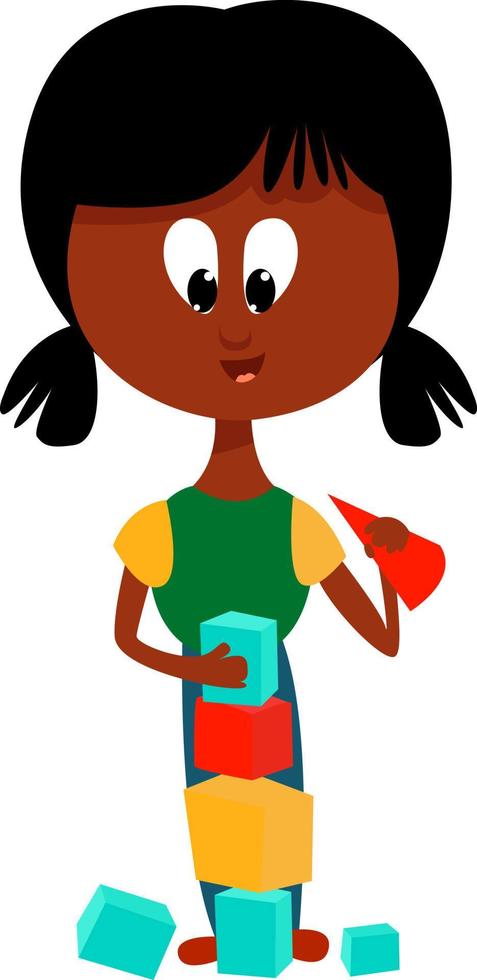 Girl is playing with cubes, illustration, vector on white background