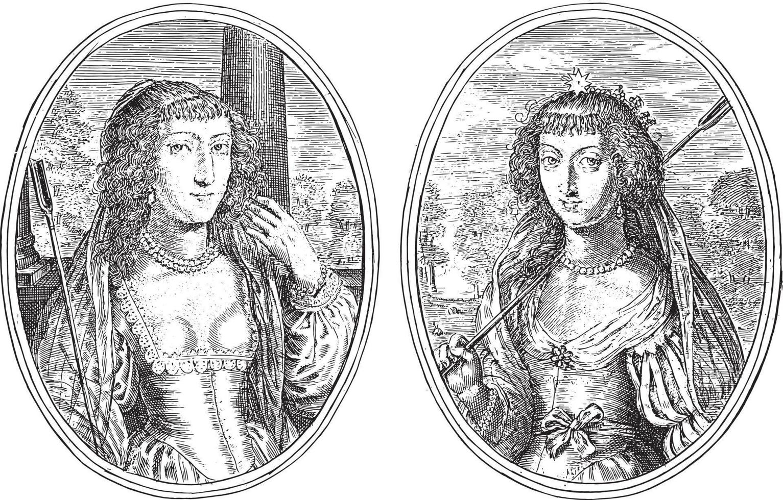 Portraits of Louisa Francisca de Guzman and an unknown high-ranking woman, vintage illustration. vector
