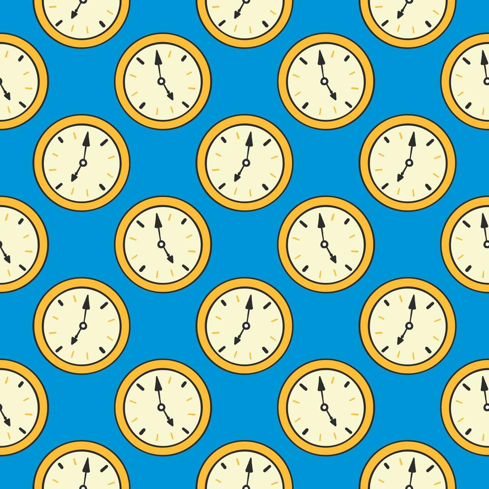 Yellow clock, seamless pattern on blue background. vector