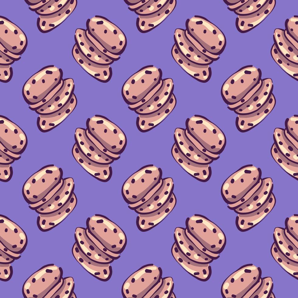 Chocolate chip cookies , seamless pattern on a purple background. vector