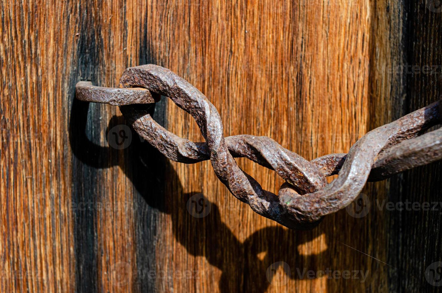 Texture of old wooden door with rusty inserts. photo