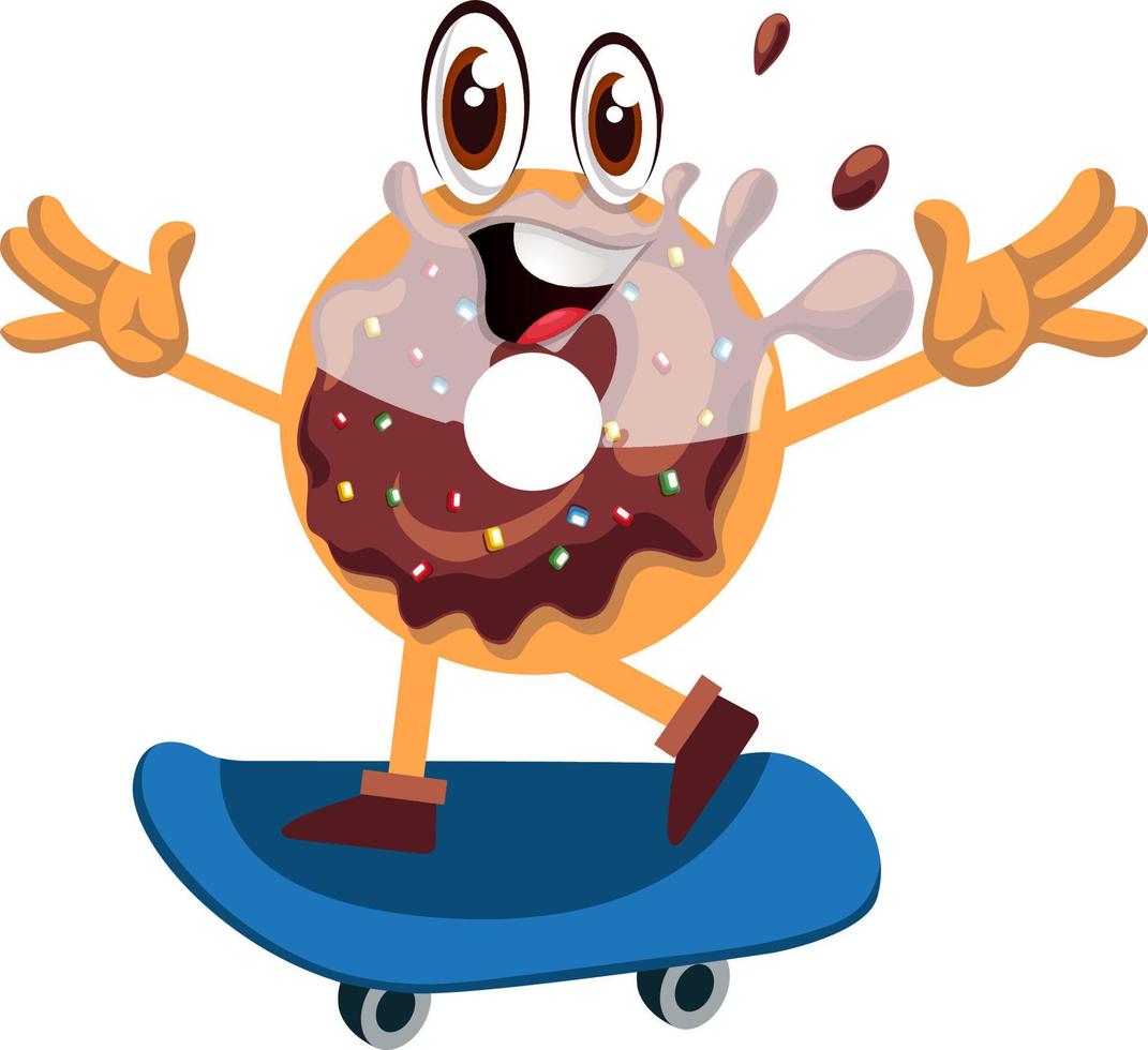 Donut con monopatín, ilustración, vector sobre fondo blanco.