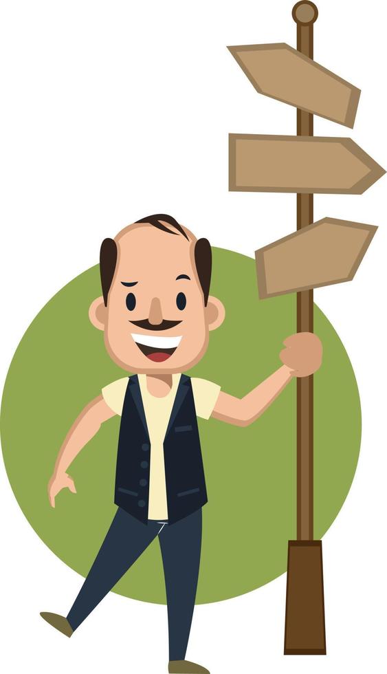 Man with road sign, illustration, vector on white background.