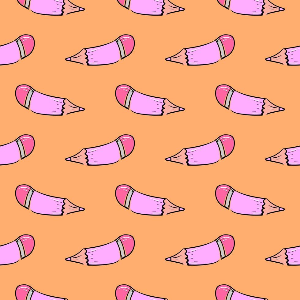 Pink pencils, seamless pattern on orange background. vector