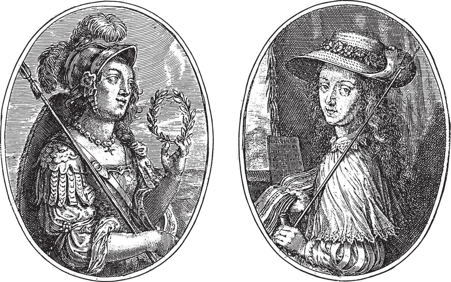 Minerva and Clio, Cris Pain van de Passe II, 1640, vintage illustration. vector