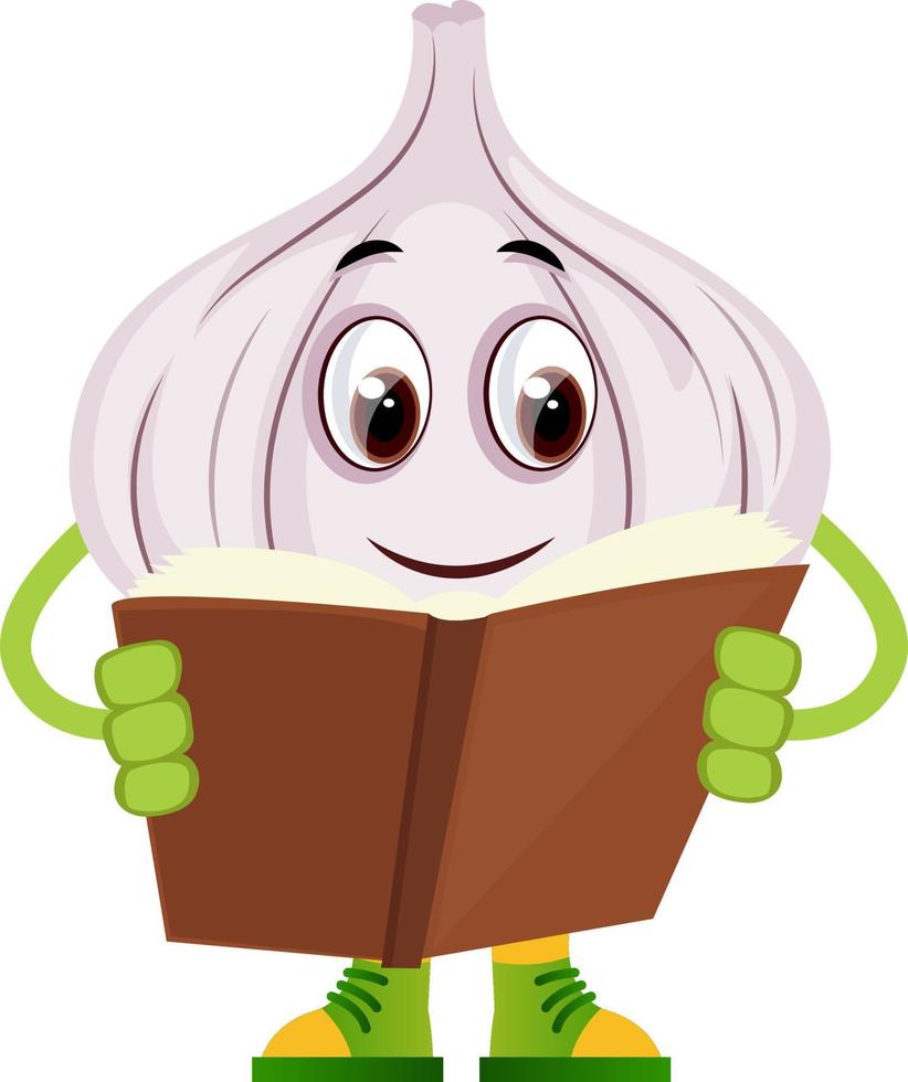 Garlic reading book, illustration, vector on white background.