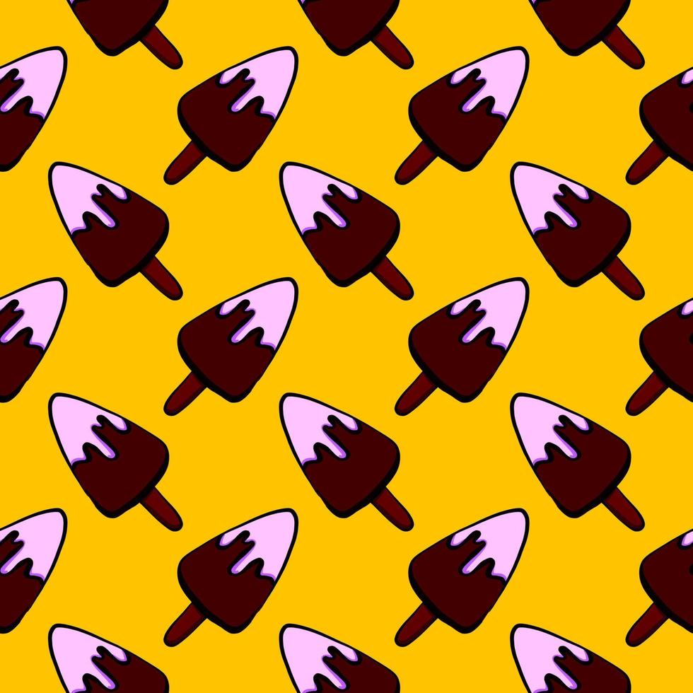 Chocolate ice cream on a stick, seamless pattern on yellow background. vector