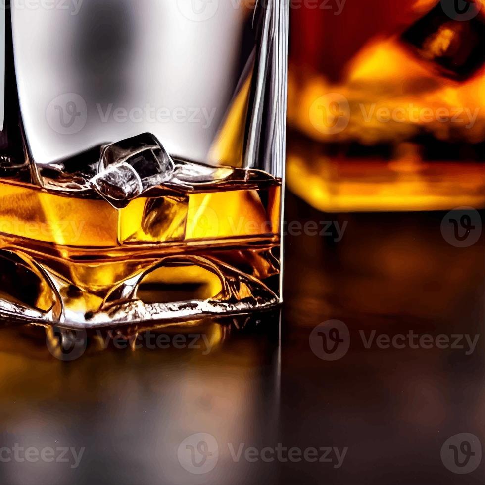 whiskey on clear glass and bottle also diced ice alcohol drawing. picture and image beverage illustration for background photo