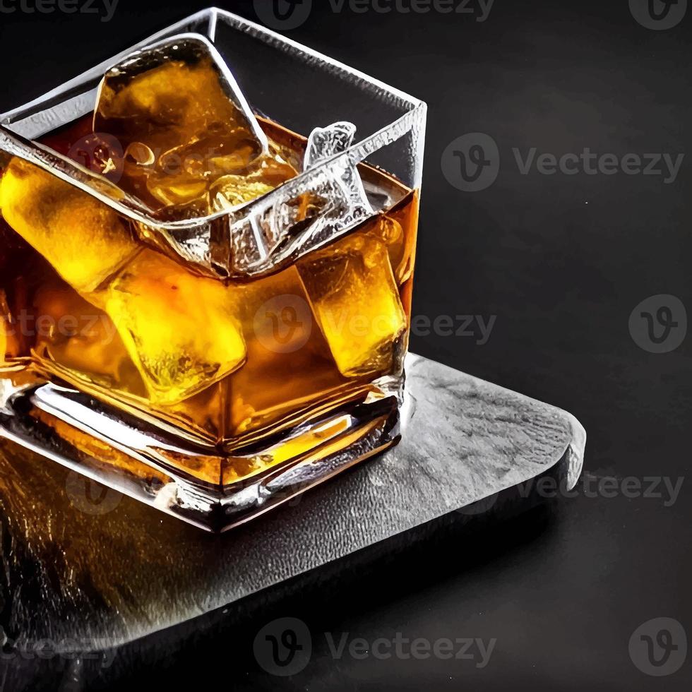 whiskey on clear glass and bottle also diced ice alcohol drawing. picture and image beverage illustration for background photo