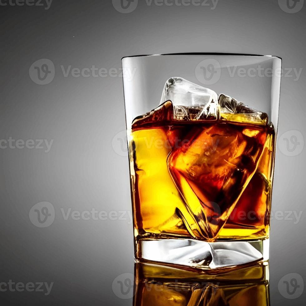 whiskey on clear glass and bottle also diced ice alcohol drawing. picture and image beverage illustration for background photo