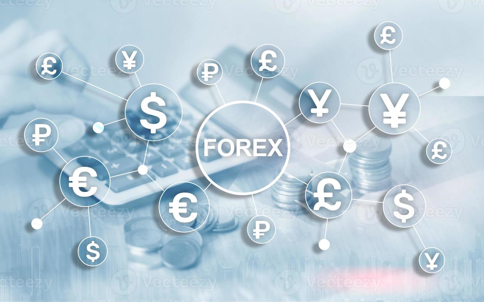 Forex trading currency exchange business finance diagrams dollar euro icons on blurred background. photo