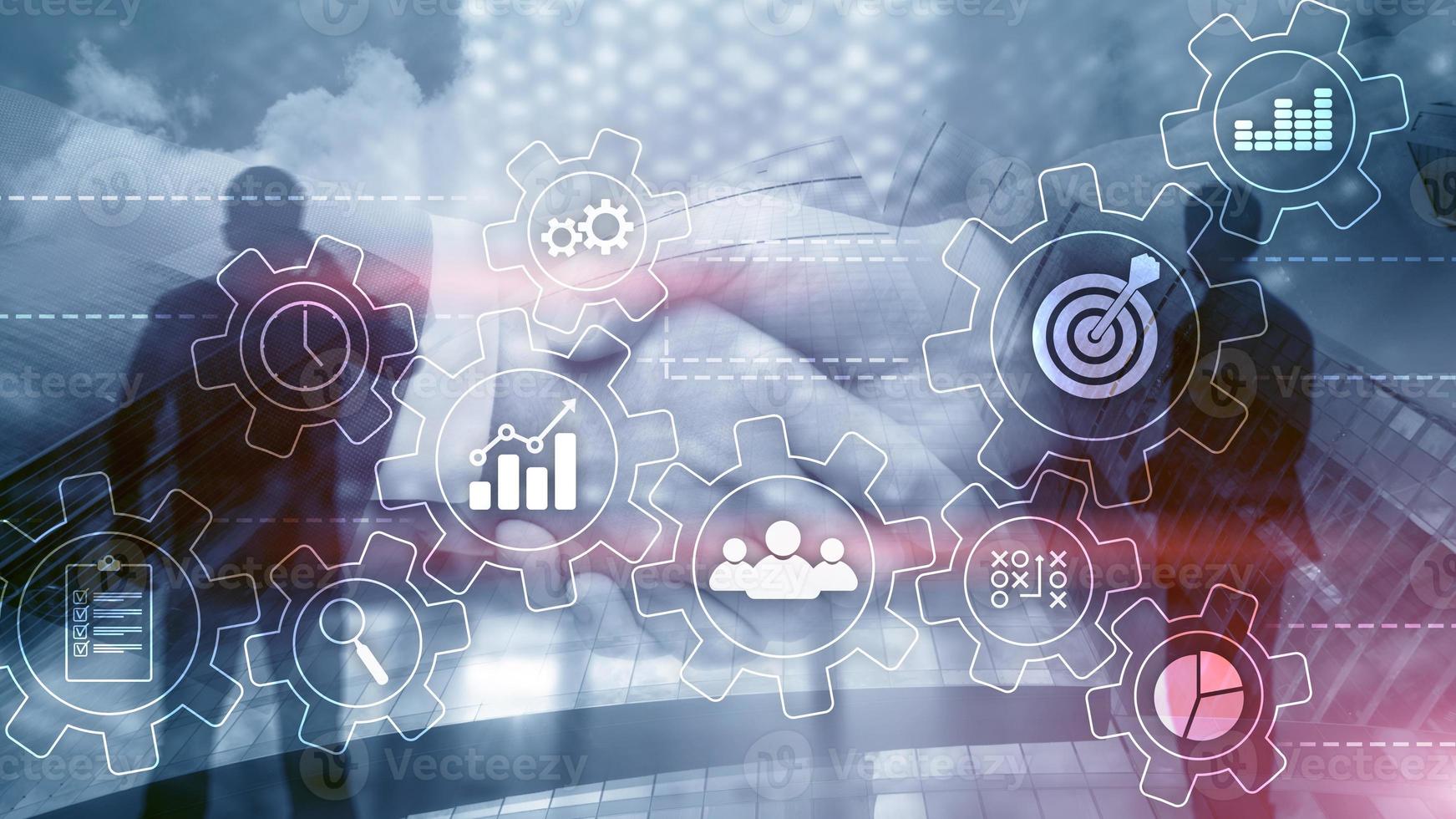 Business process automation concept. Gears and icons on abstract background photo