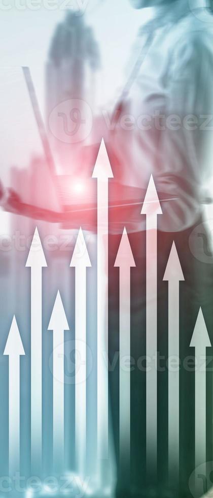 Vertical Panorama Banner. Up arrow graph on skyscraper background. Invesment and financial growth concept. photo
