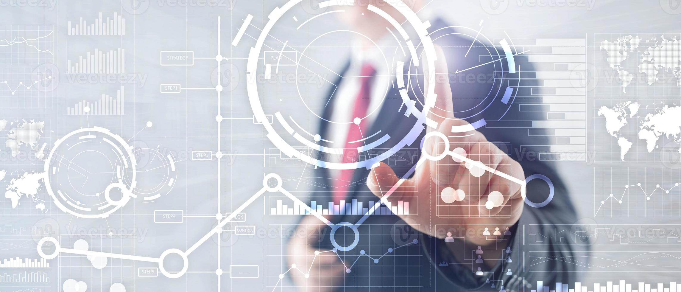 Business interface mixed media double exposure financial chart graph diagram and icon on virtual screen. Innovation concept photo