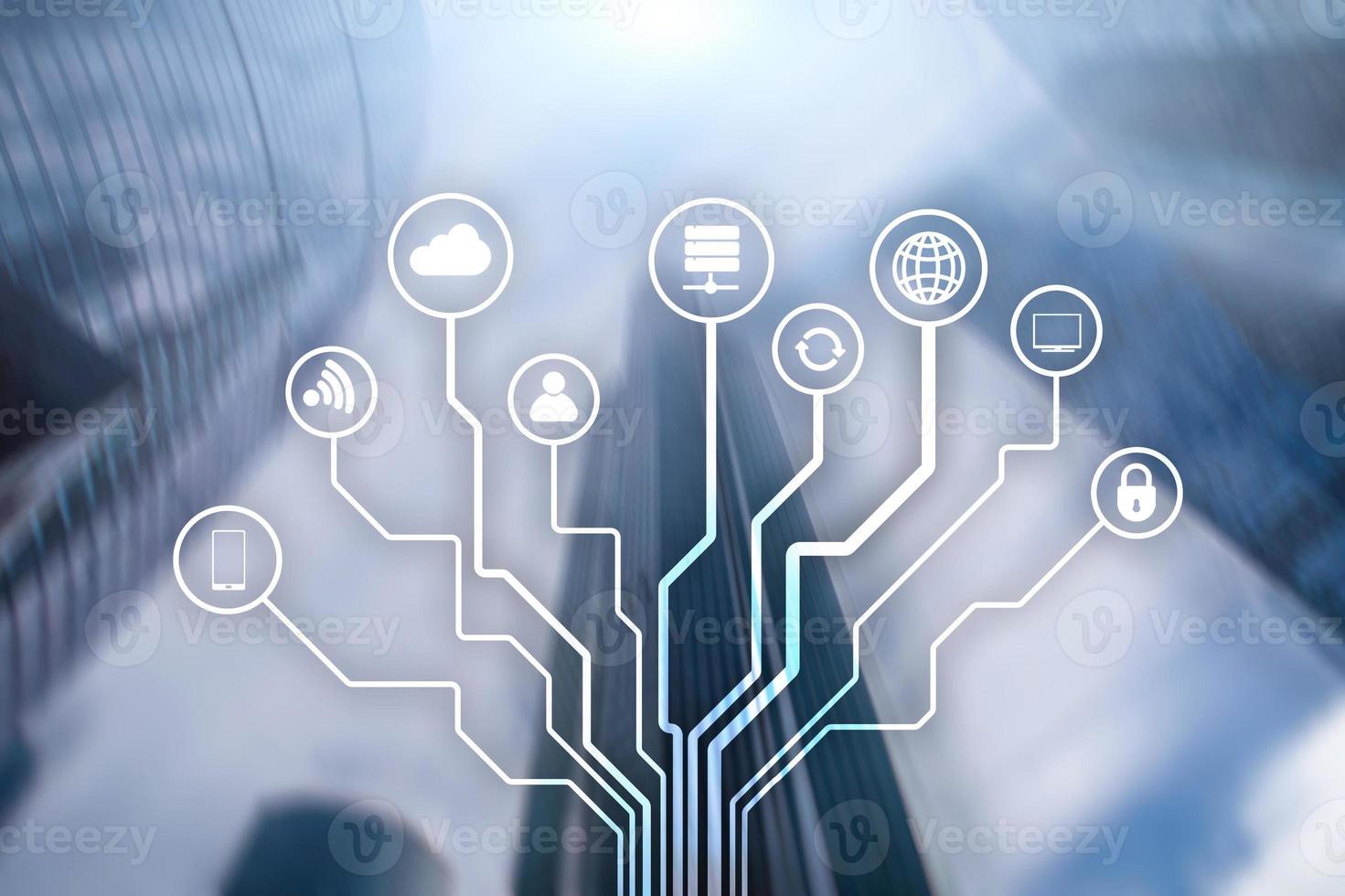 Telecommunication and IOT concept on blurred business center background photo