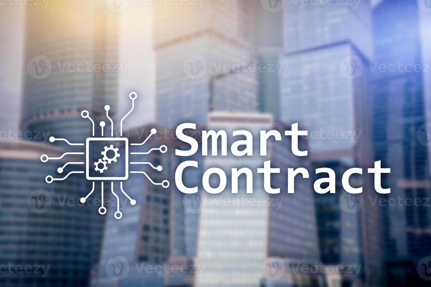 Smart contract, blockchain technology in business, finance hi-tech concept. Skyscrapers background. photo