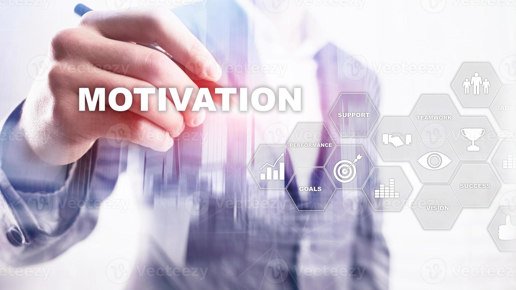 Motivation concept with business elements. Business team. Financial concept on blurred background. Mixed media. photo