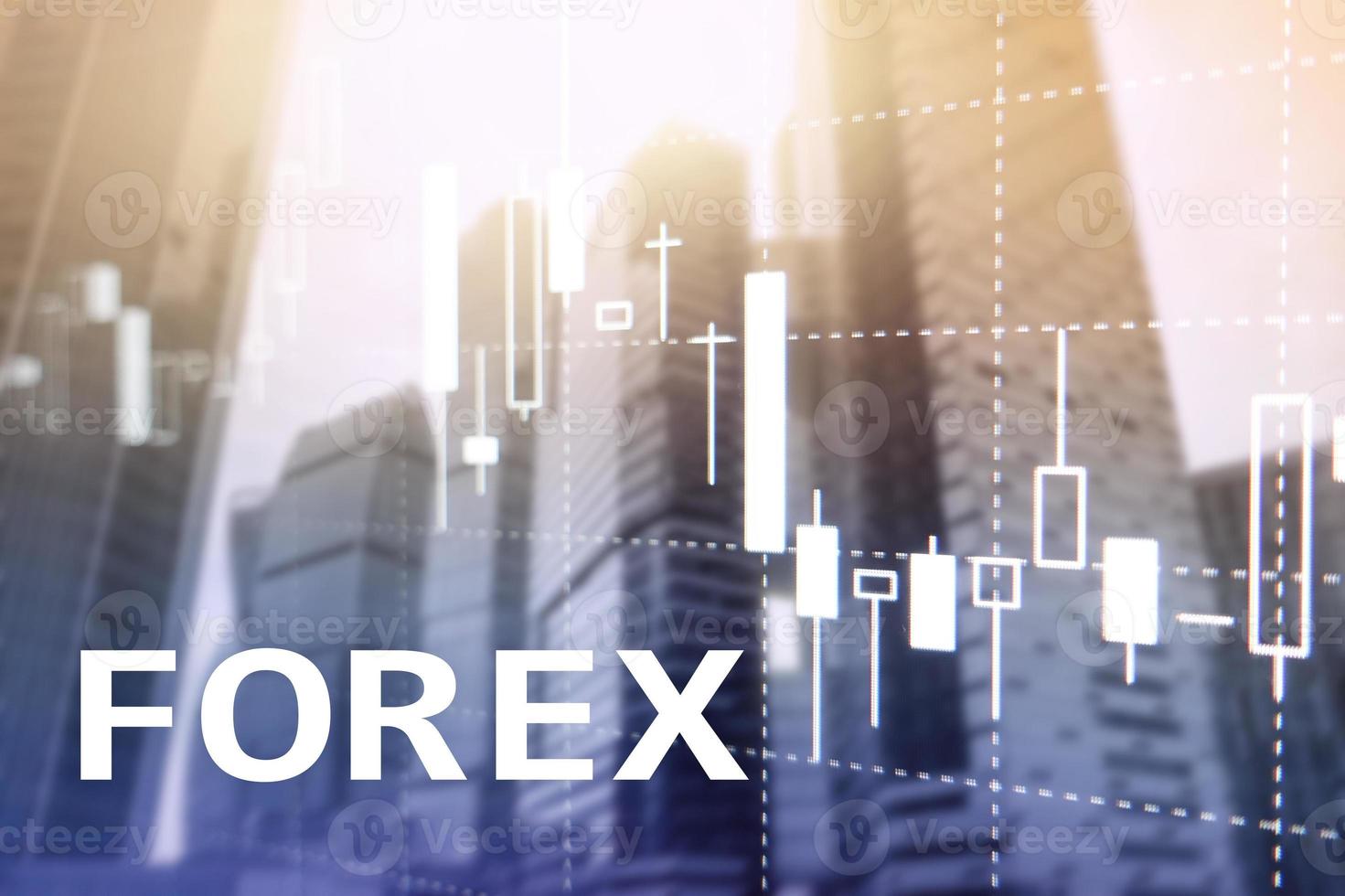 Forex trading, financial candle chart and graphs on blurred business center background photo