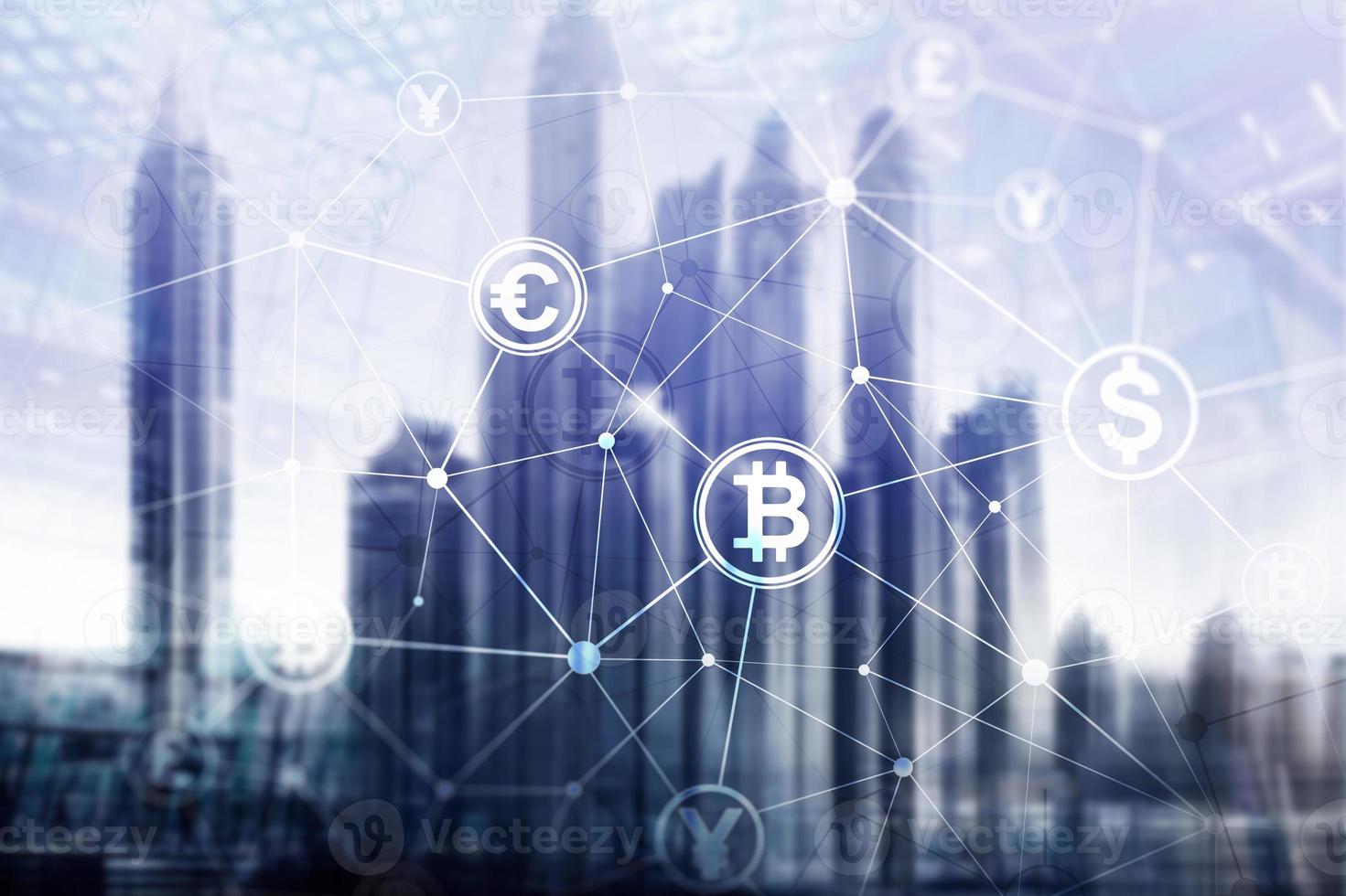 Double exposure Bitcoin and blockchain concept. Digital economy and currency trading. photo