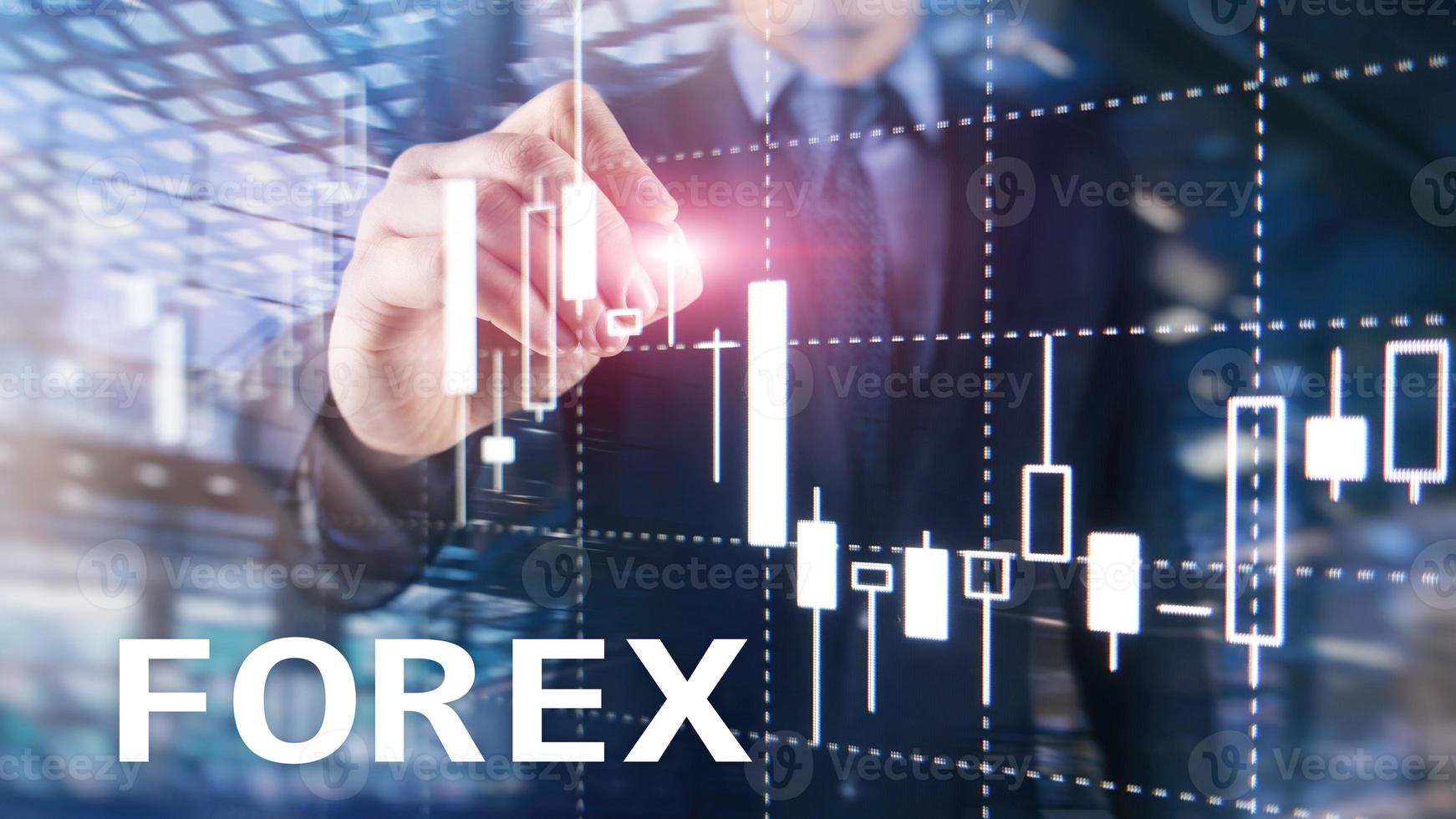 Forex trading, financial candle chart and graphs on blurred business center background. photo