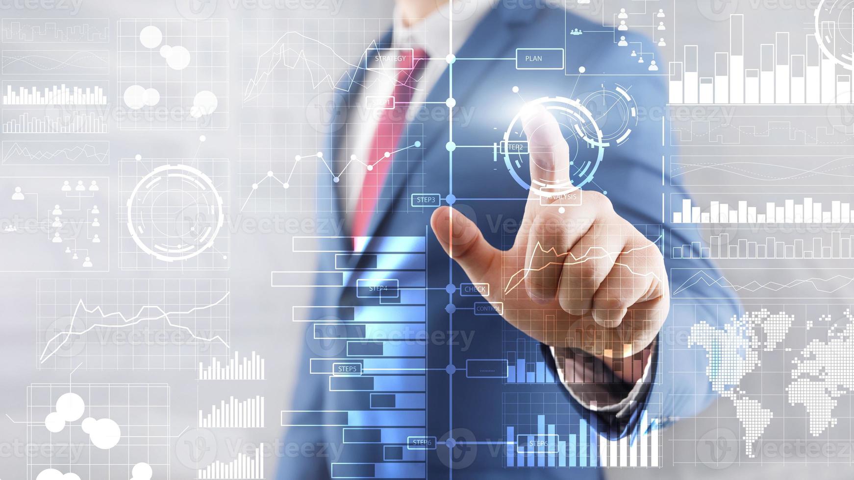 Presses a virtual button. Business intelligence. Diagram, Graph, Stock Trading, Investment dashboard, transparent blurred background photo