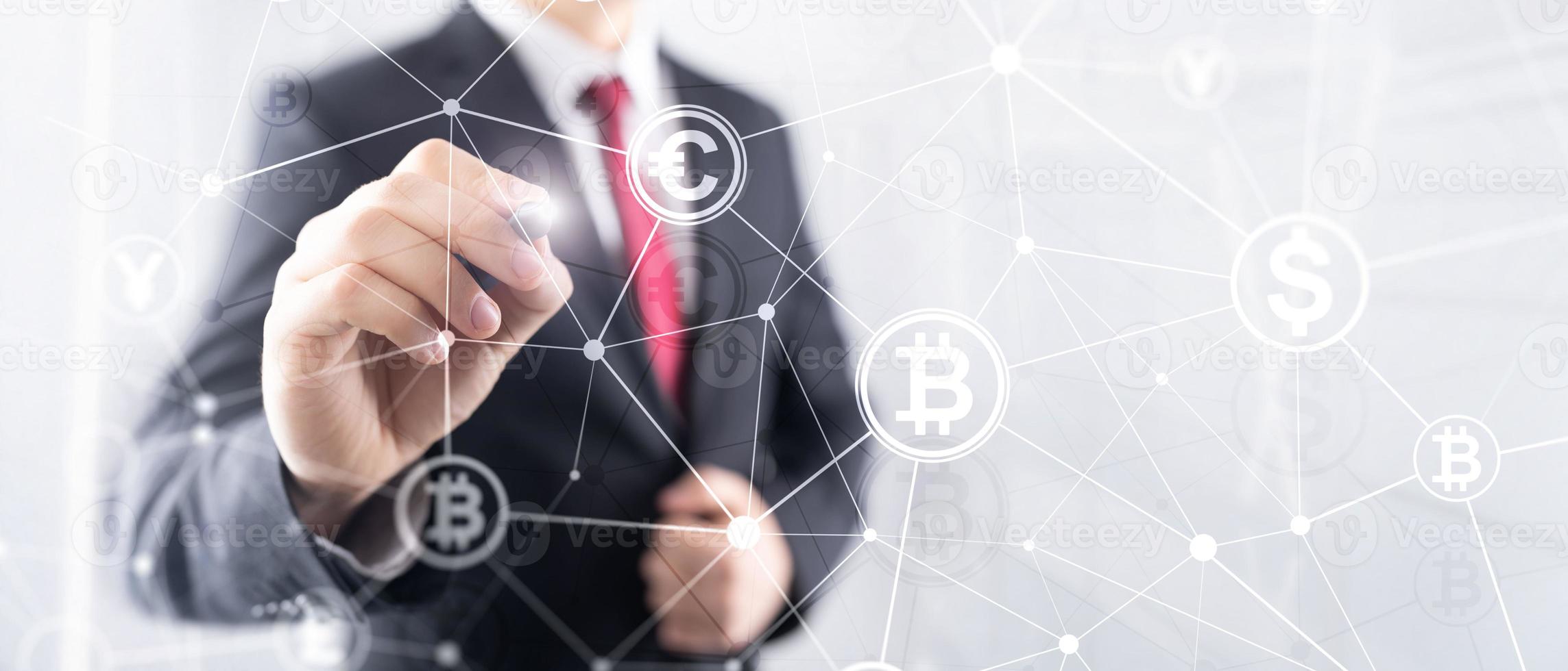 Double exposure Bitcoin and blockchain concept. Digital economy and currency trading photo