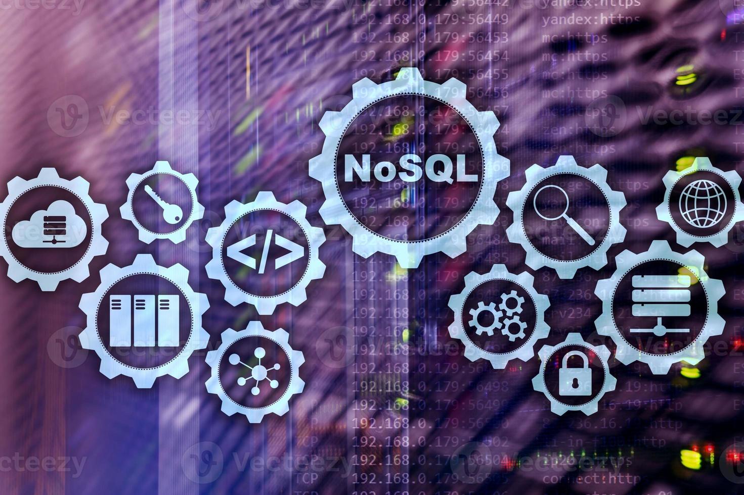 nosql. lenguaje de consulta estructurado. concepto de tecnología de base de datos. fondo de la sala de servidores. foto