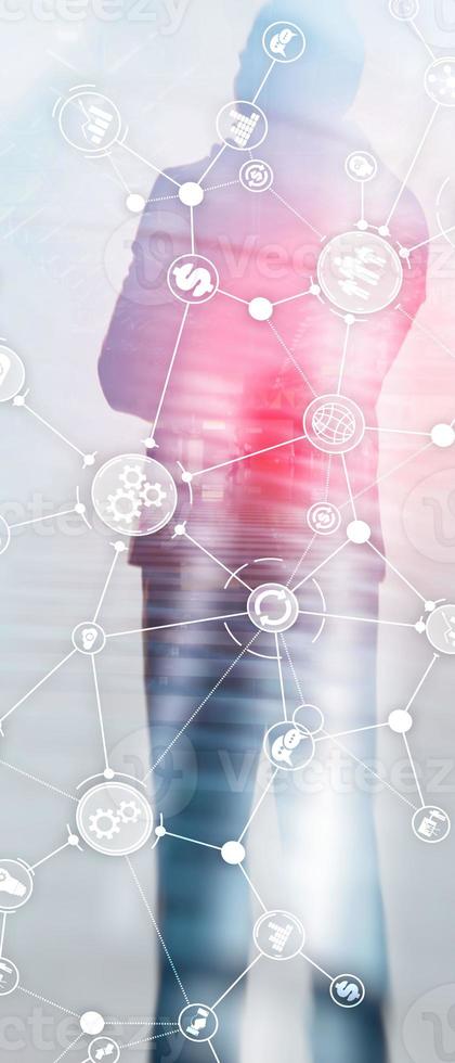 Vertical Panorama Banner. Business process structure industrial workflow diagram automation innovation concept on virtual screen mixed media. photo