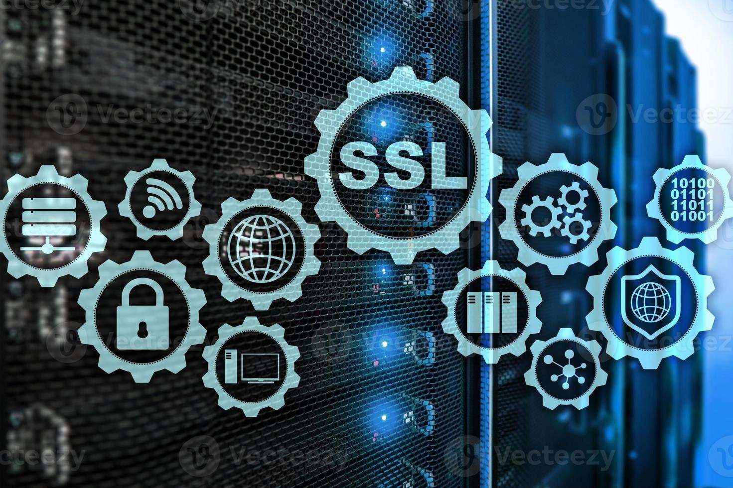 SSL Secure Sockets Layer concept. Cryptographic protocols provide secured communications. Server room background. photo