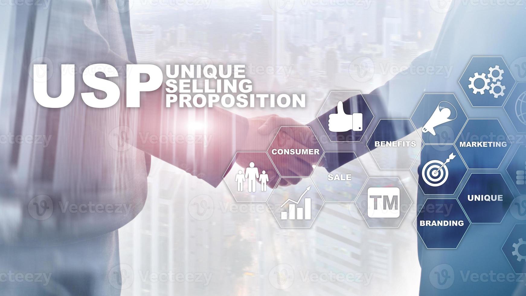 UPS - Unique selling propositions. Business and finance concept on a virtual structured screen. Mixed media. photo