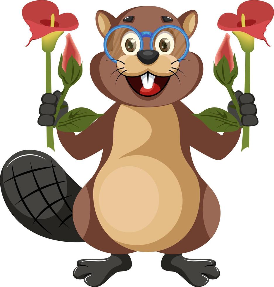Beaver with flowers, illustration, vector on white background.