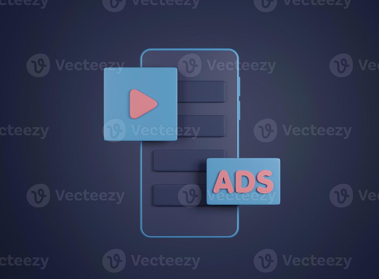 Online ads showing on mobile phone. Digital advertising and social media online marketing concept. 3D rendering. photo
