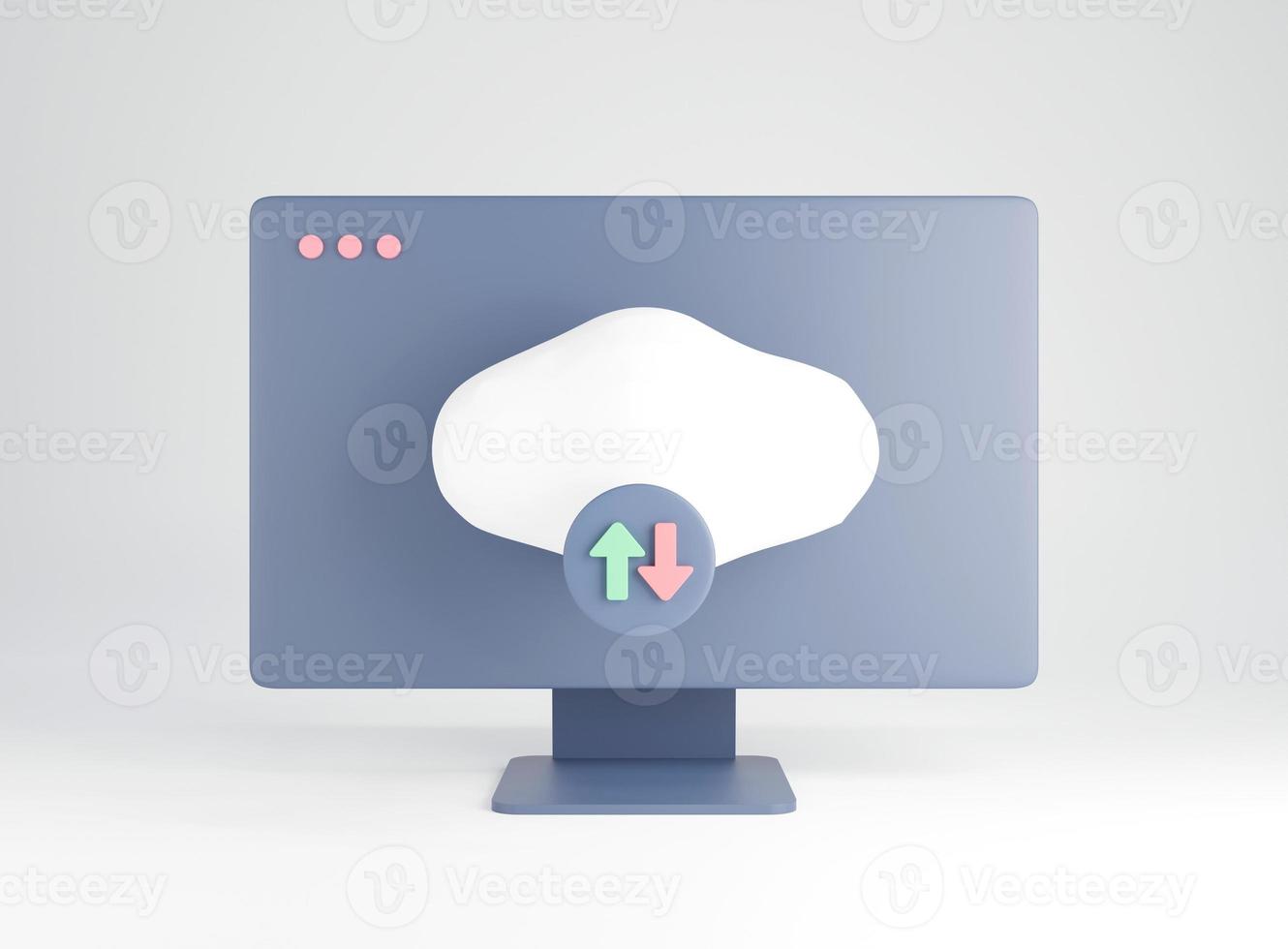 tecnología de almacenamiento en la nube y almacenamiento de datos en línea. Datos de nube 3d con computadora de escritorio. representación 3d foto