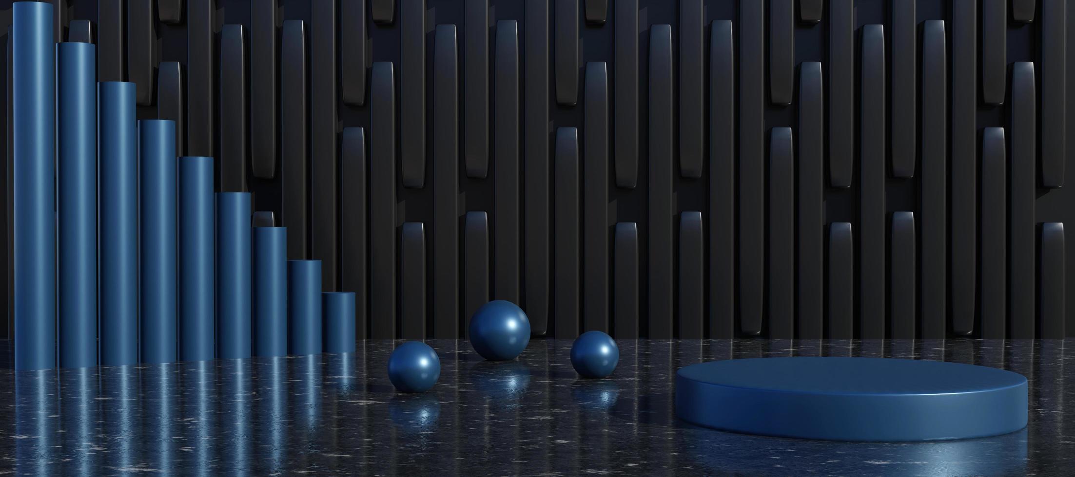 Deep blue cylinder podium with decorative objects on blue background.  Stand to show products. Modern pedestal display with copy space. Banner size. Website cover template. 3D rendering. photo