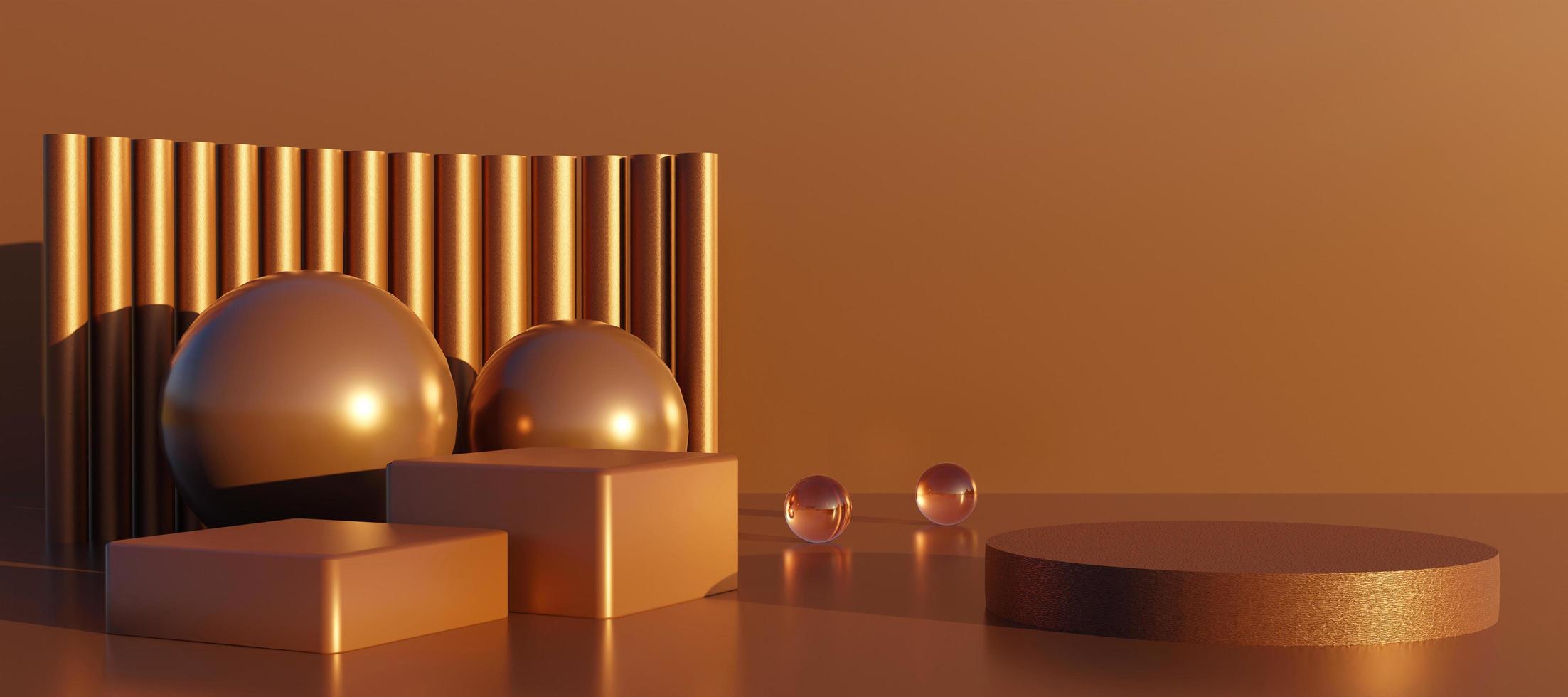 Podiums with abstract decorative objects. Stand to show products with copy space. Bronze pedestal in futuristic scene. Banner size. Website cover template. 3D rendering. photo