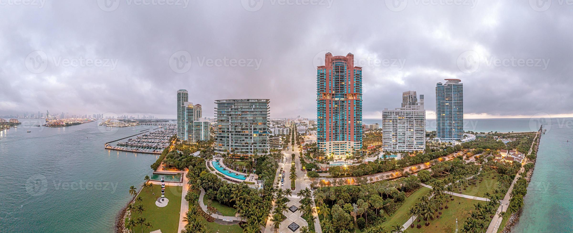 Drone panorama over Miami Beach skyline at dusk photo