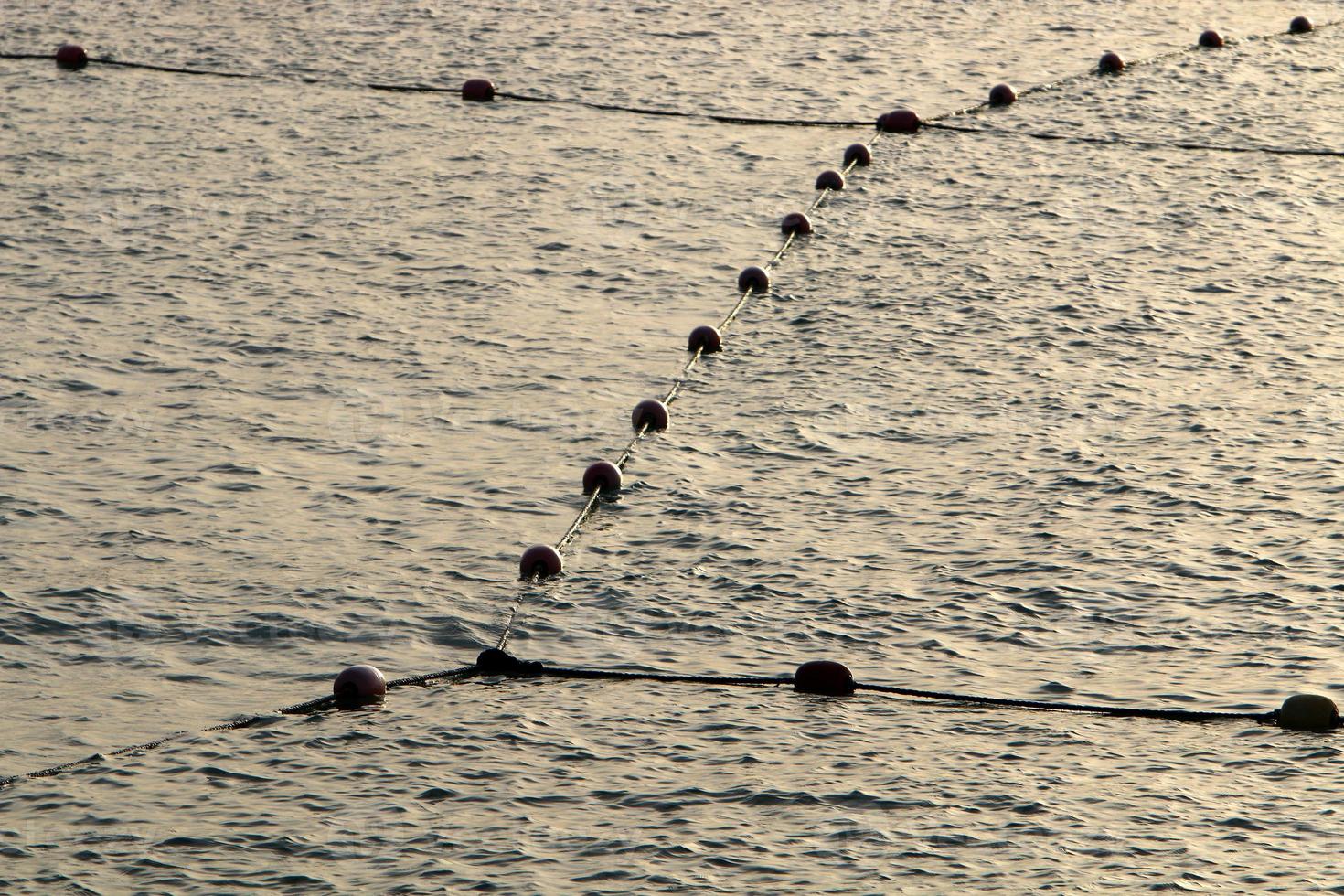 Hemp rope with buoys on the city beach photo