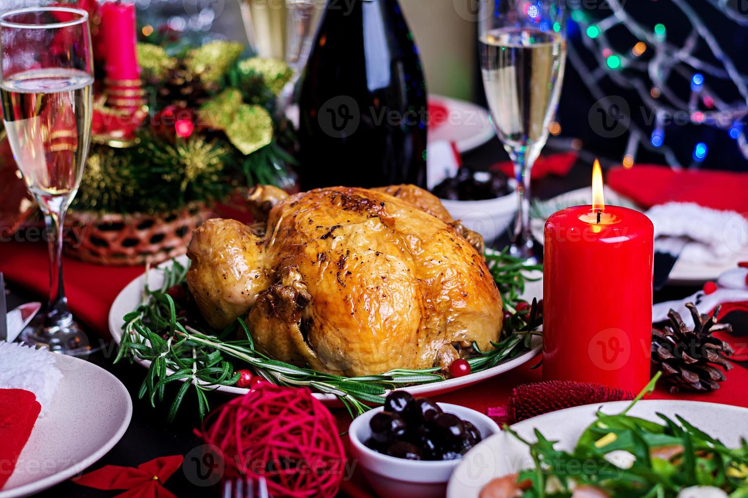 Baked turkey. Christmas dinner. The Christmas table is served with a