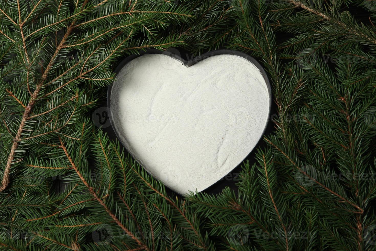 Merry Christmas and Happy Holidays greeting card, frame, banner. New Year. Pine tree branches on white. photo