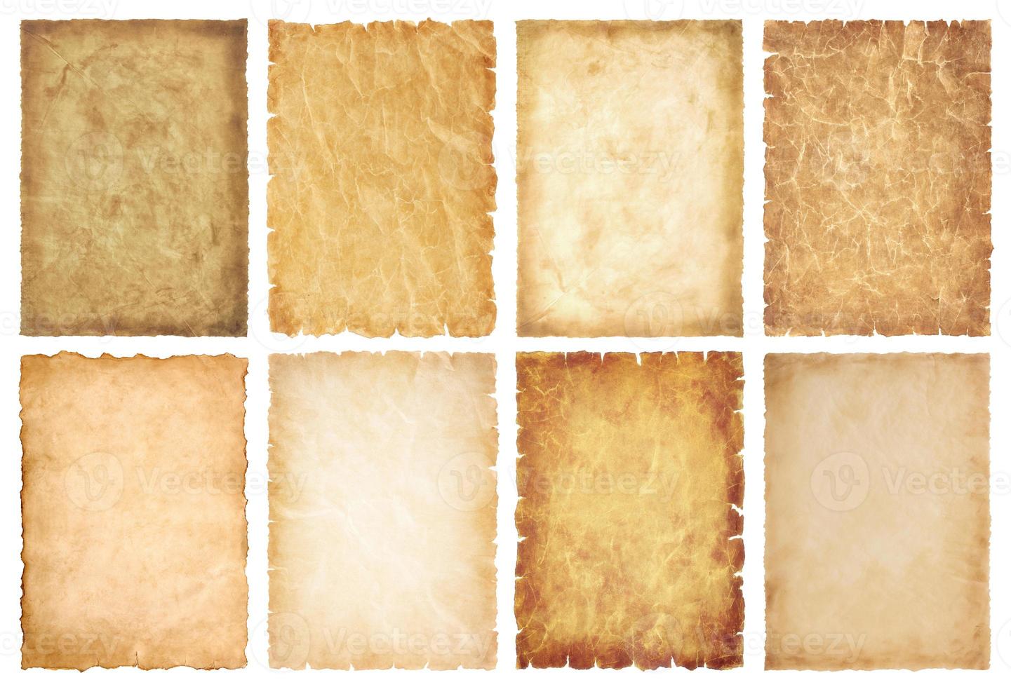 collection set old parchment paper sheet vintage aged or texture isolated on white background photo