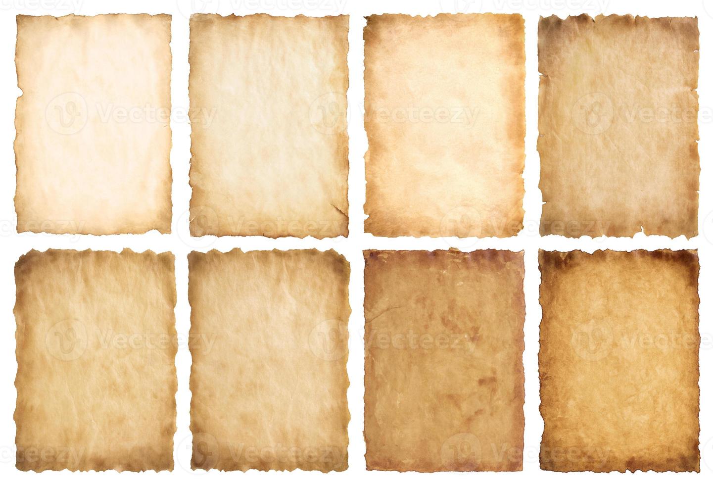 collection set old parchment paper sheet vintage aged or texture isolated on white background photo