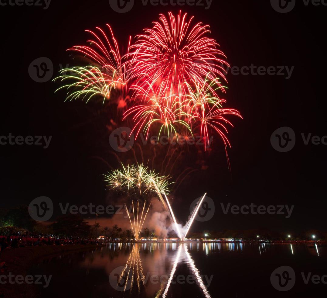 Amazing Beautiful firework on black background for celebration anniversary merry christmas eve and happy new year photo