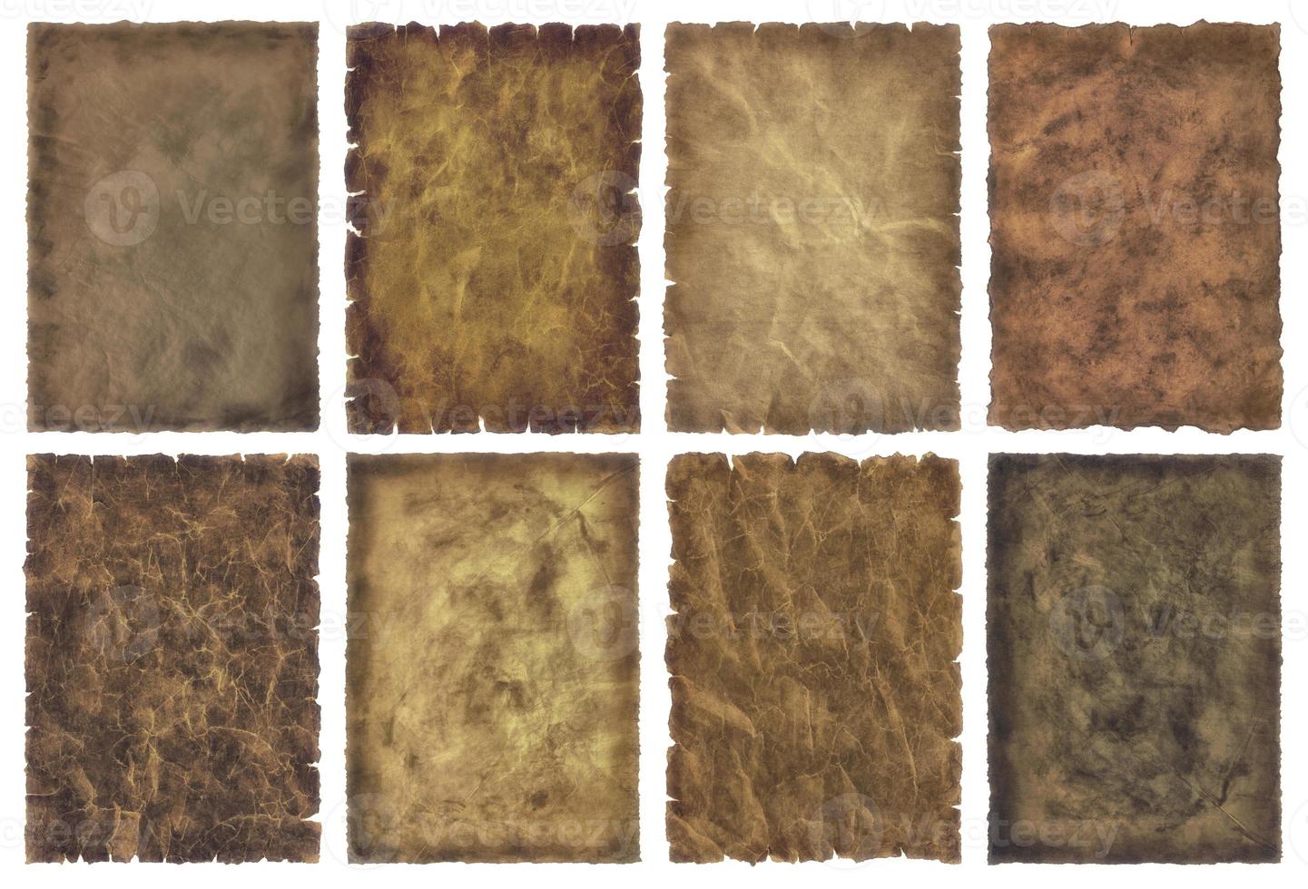 collection set old parchment paper sheet vintage aged or texture isolated on white background photo